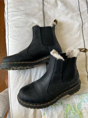 Dr. Martens Black Leather Fleece Chelsea Boots with Yellow Stitching